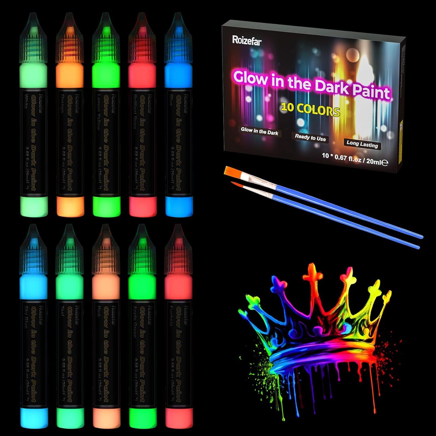 Roizefar Fabric Paint, 10 Colors Glow in 0.68 Fl Oz (Pack of 10), Multicolor