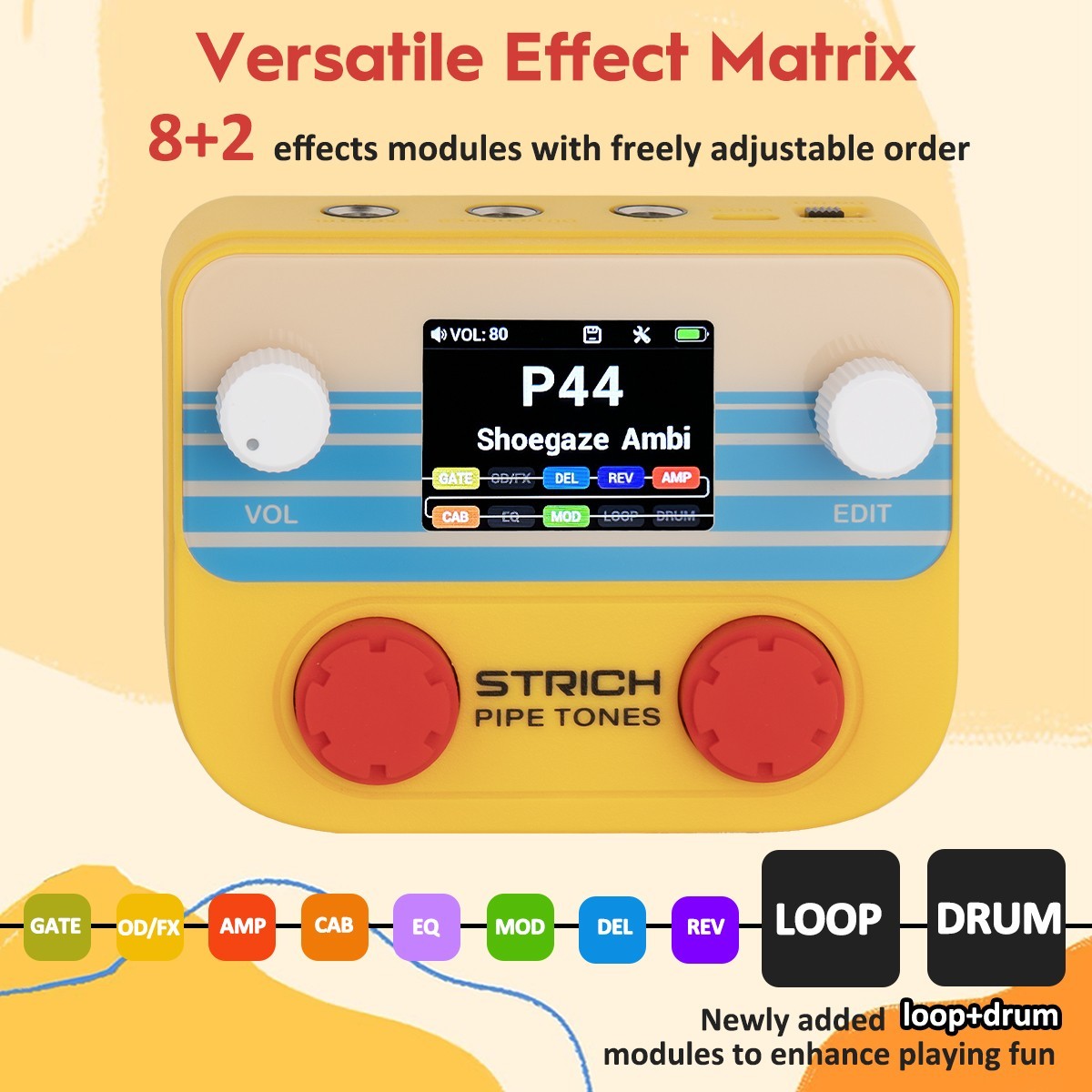 STRICH Pipe Tones Pocket Multi-Effects Processor with Foot Pedal (Orange)