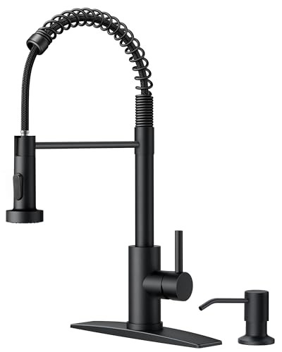 Black Kitchen Faucet with Soap Dispenser, Single Matte Black Transitional