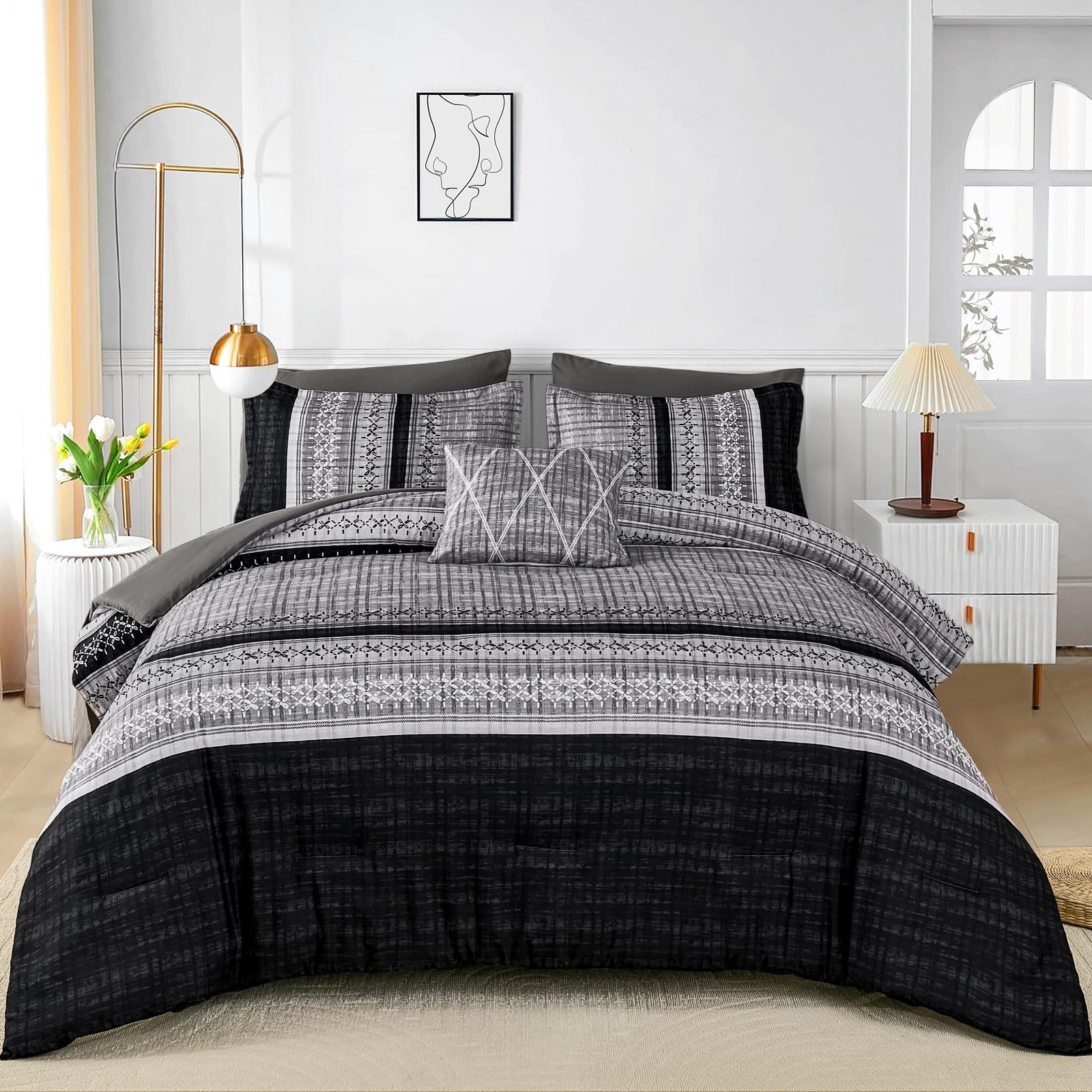 Comforter Set King 90 103 8 Pieces Boho Striped Microfiber Black Dintszyayue