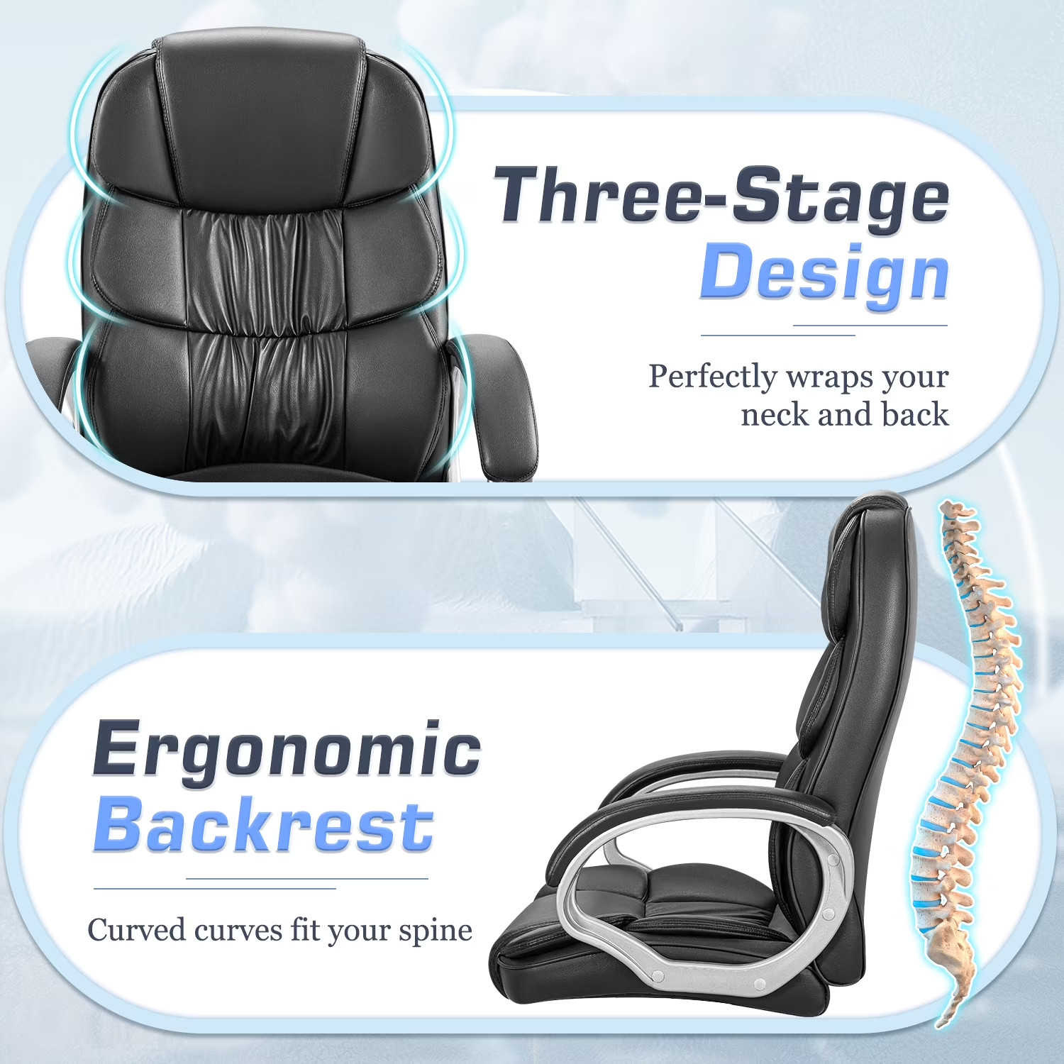 Leather High Back Office Chair Ergonomic Swivel Lumbar Padded Arms Black