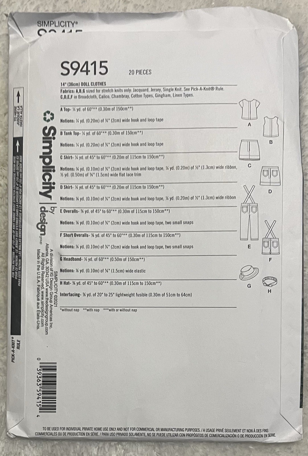 Simplicity 9415 14" Doll Clothes NEW UNCUT