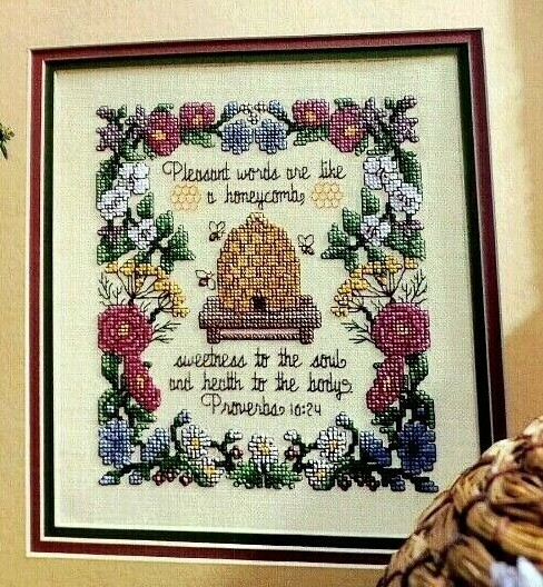Cross Stitch Pattern BEE GARDEN SAMPLER Flowers Bees Honeycomb Proverbs 16:24