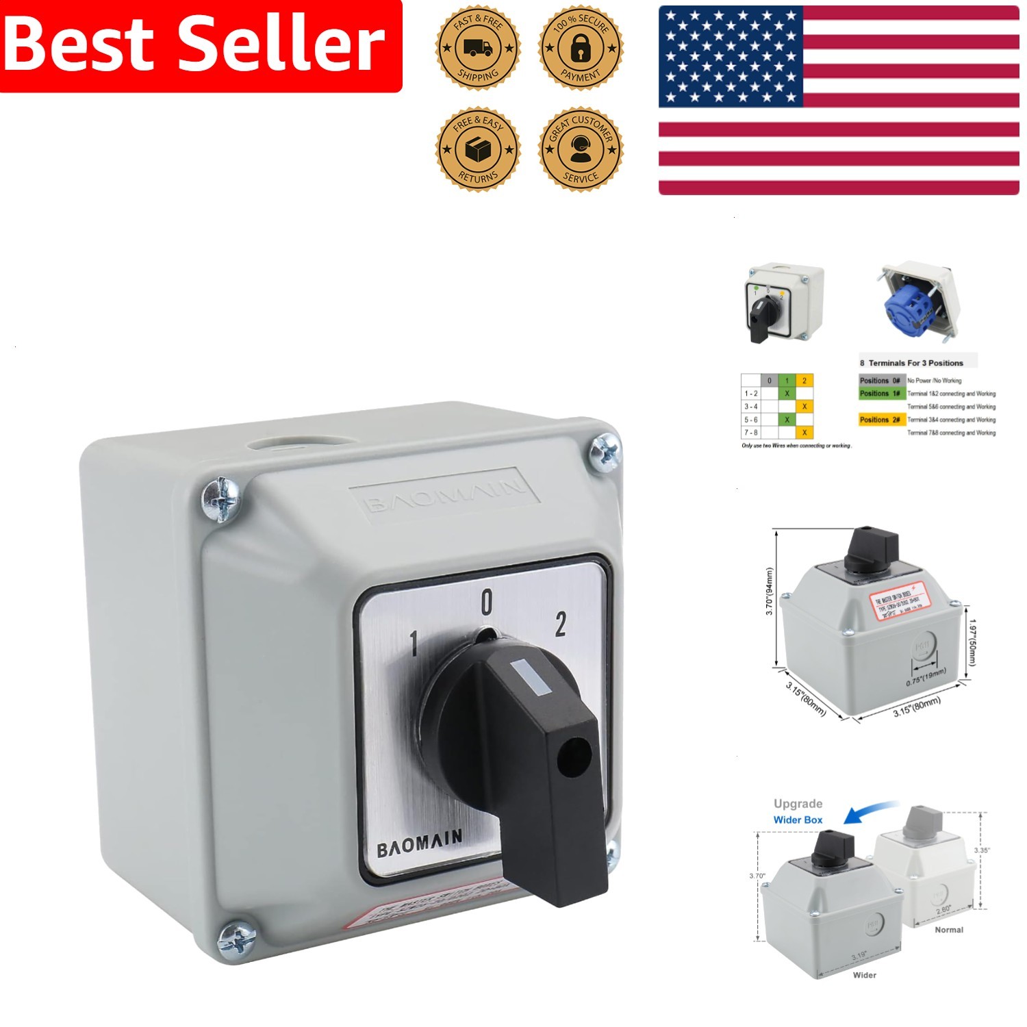 Universal Rotary Switch 3 Position 2 Phase 660V 20A Motor Control Generator T...