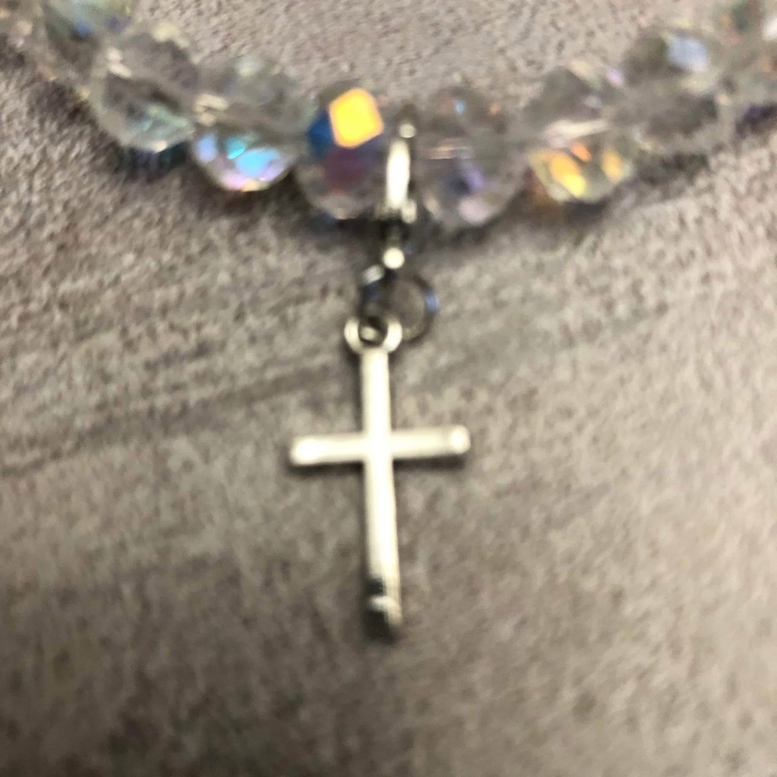Clear Beaded Bracelet Silver Cross Pendant Handmade
