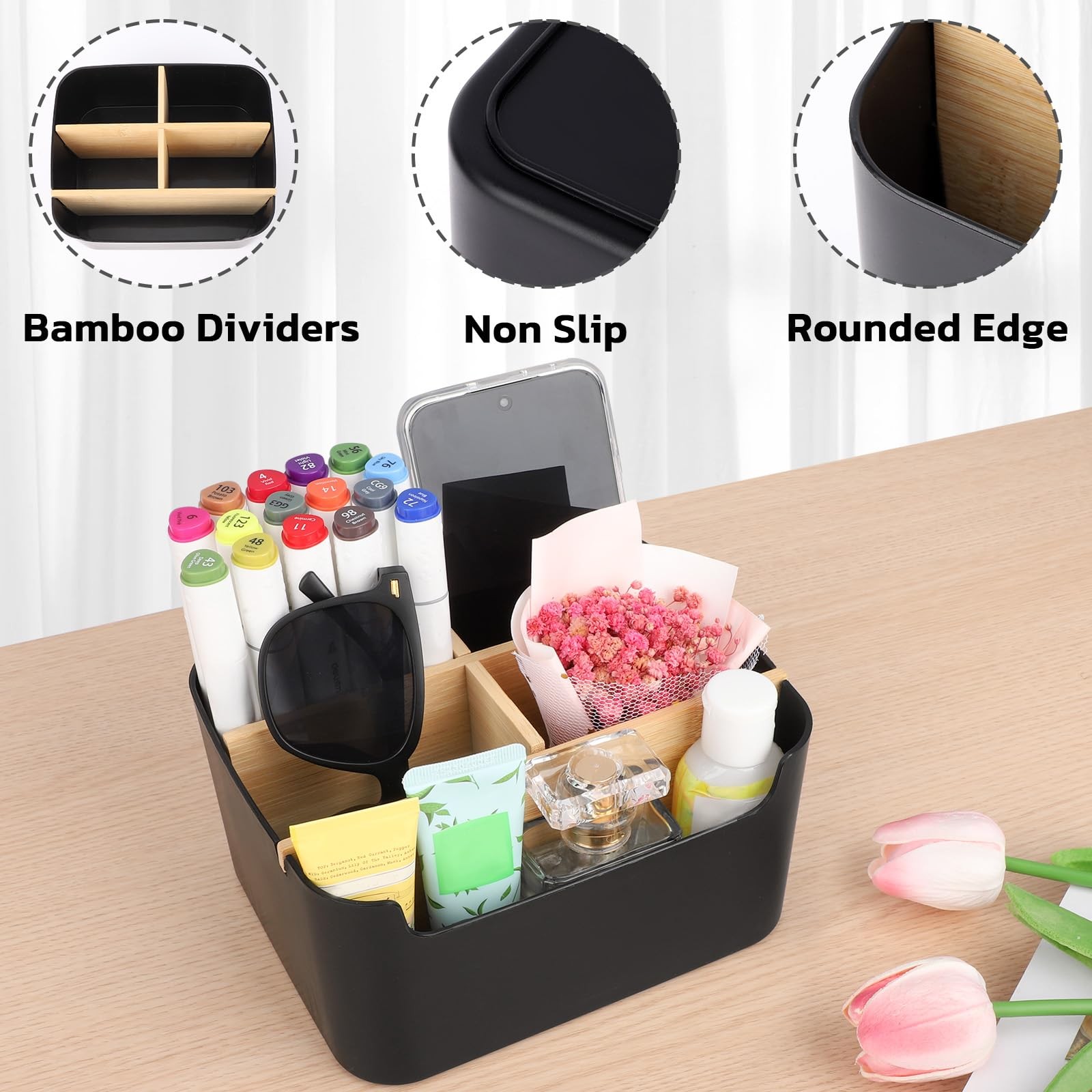 Segarty Black Desktop Organizer, Detachable Bamboo Remote Control