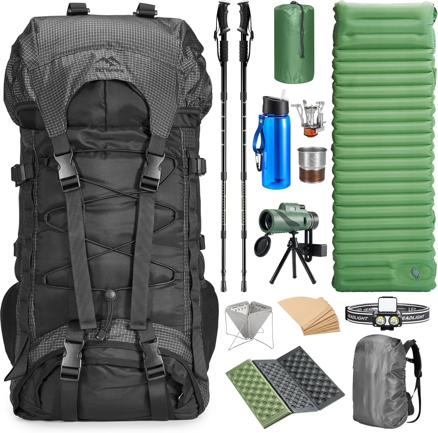 Premium Hiking Camping Backpack Set, Casual Style with Inflatable Sleeping Pad,