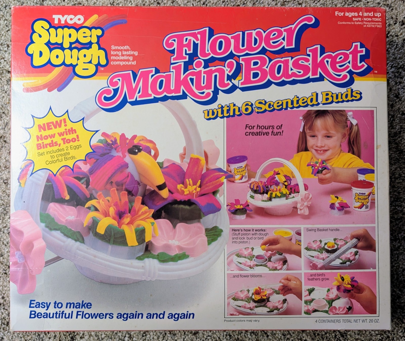 1987 Tyco Super Dough Flower Makin Basket Play Set Birds & Scented Buds SEALED!!