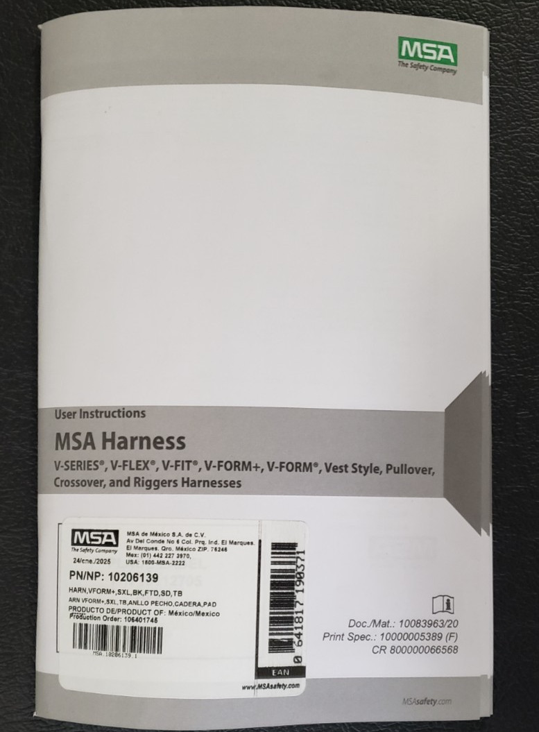 Msa Safety 10206139 V-Fit Harness, SXL, 400 Lb., Quick-Connect Chest/ Tongue Leg