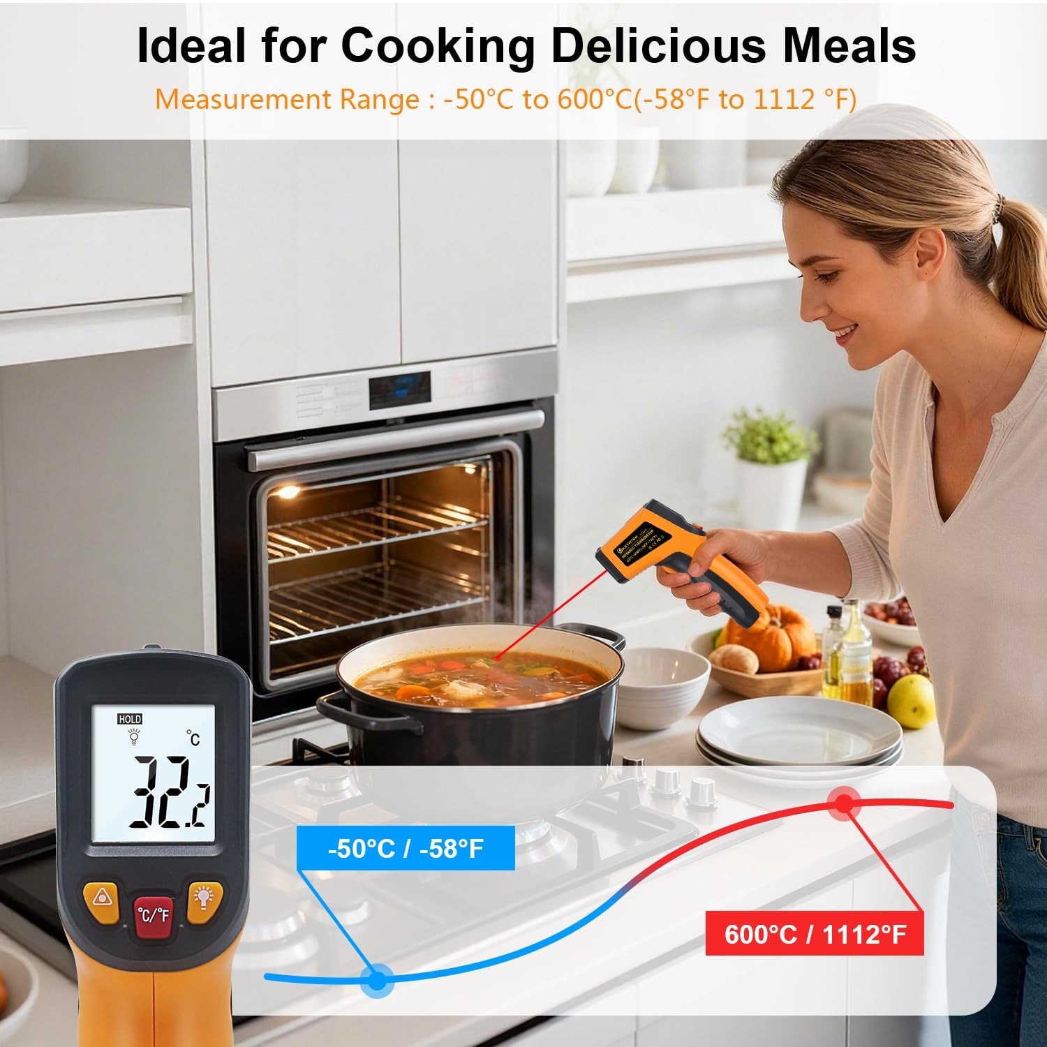Digital Thermometer Temperature -58°F to 1112 °F(-50°C to 600°C) Handheld Non...