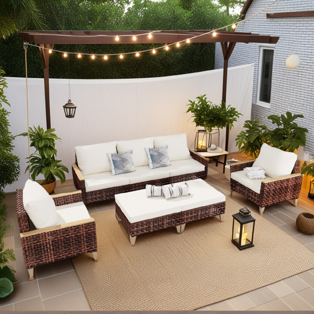 7-Piece Rattan Patio Furniture Set w/ 4" Cushions, White, Weather Resistant
