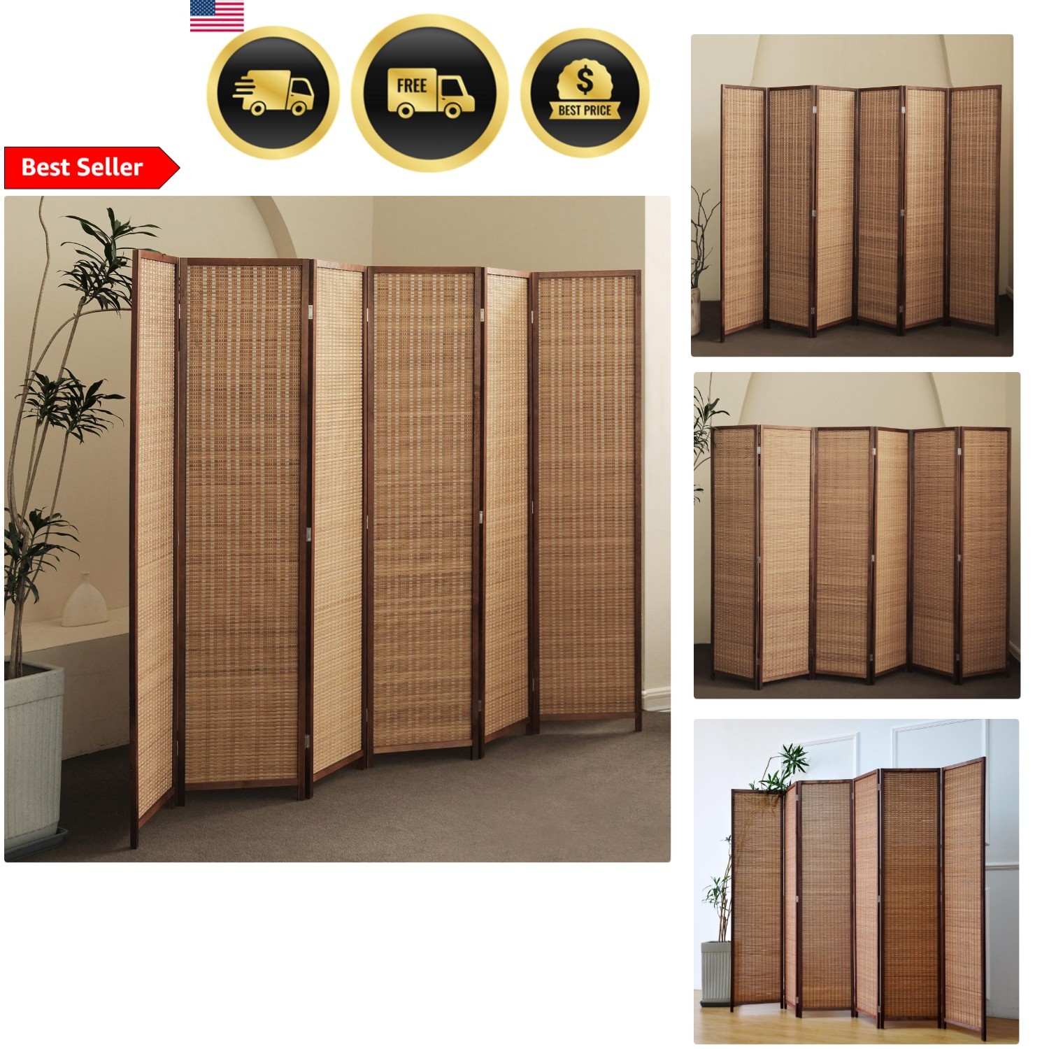 Bamboo Room Divider Foldable Screen 6 Panels Privacy Screen Brown 67H