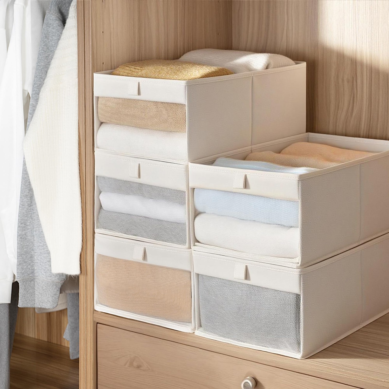 STORAGE MANIAC 4 Pack Storage Bins with Clear Window, 4 Pack, Beige
