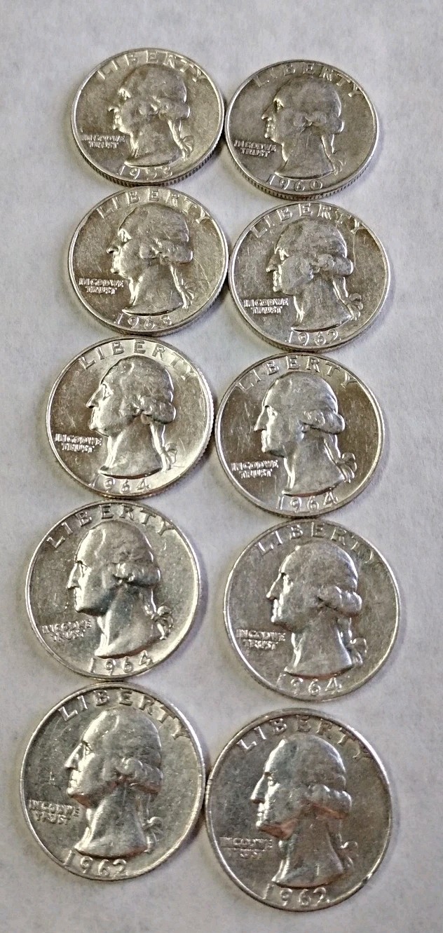 1953 1960 1962-1964 P&D Washington Quarters-90%Silver-High Grade -Lot of 10 #W30