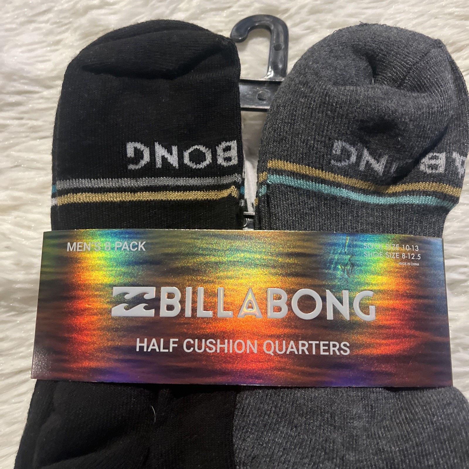 Billabong mens NWT Half Cushion Quarter Socks 8 Pack size 10-13 center logo mult
