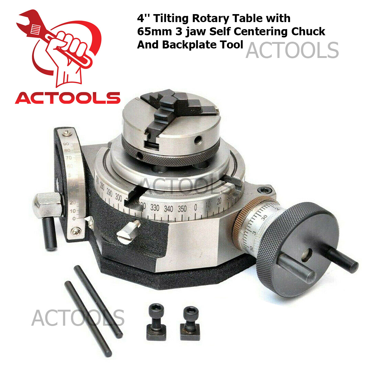 Tilting Rotary Table 4'' with 65mm 3 jaw Self Centering Chuck And Backplate Tool