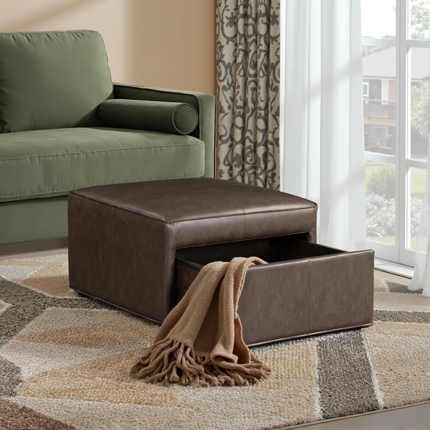 Harrison 29.1" Brown Vegan Leather Storage Ottoman with Large Drawer