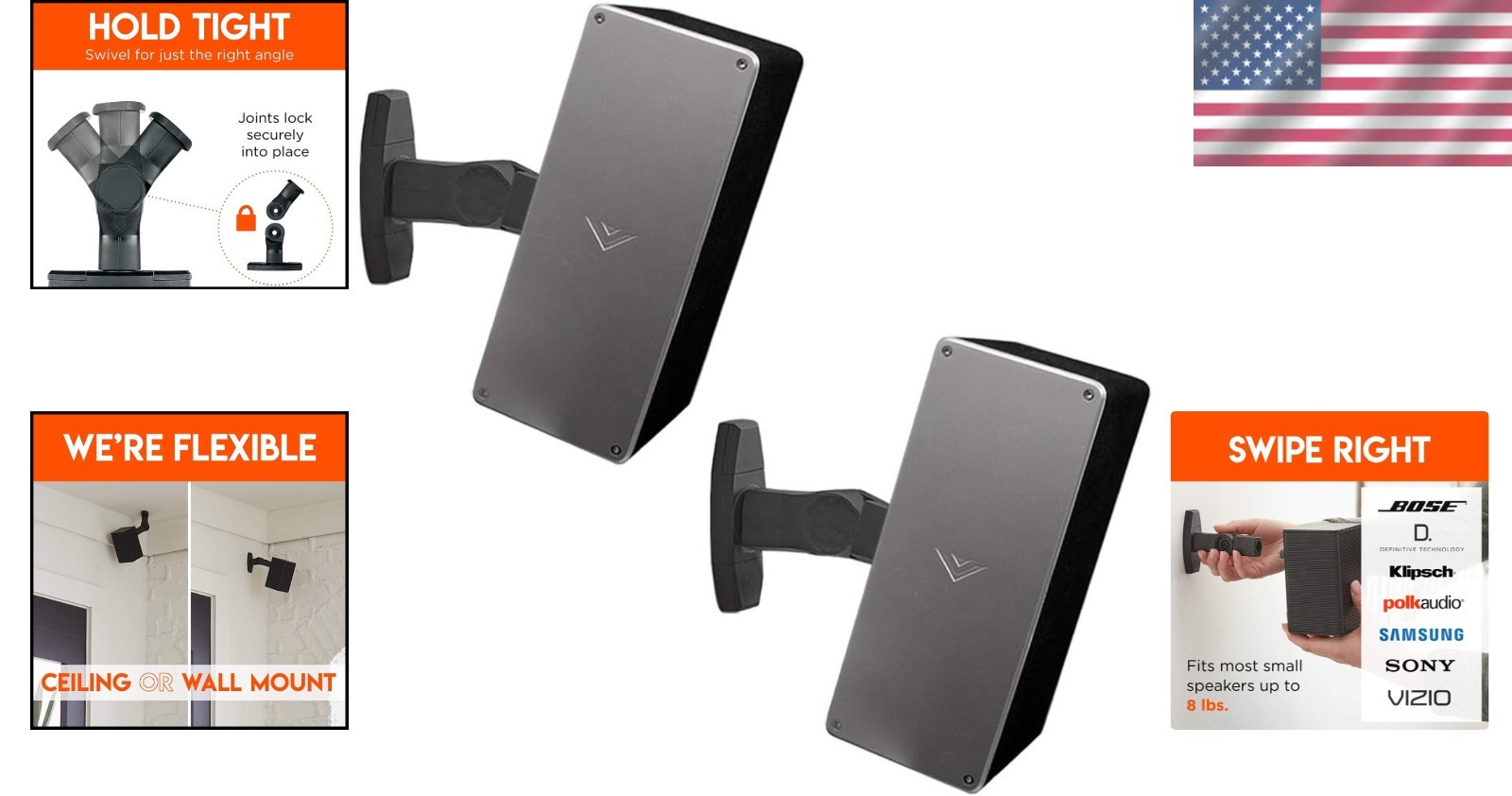 Adjustable Speaker Wall/Ceiling Mount Pair - Tool-Free Installation - Black