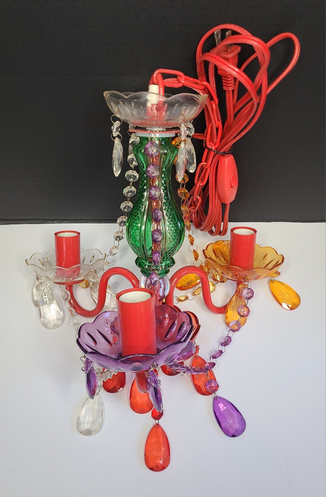Multicolor 3 Light Chandelier Acrylic Crystal  Glass Central Stem Plug In