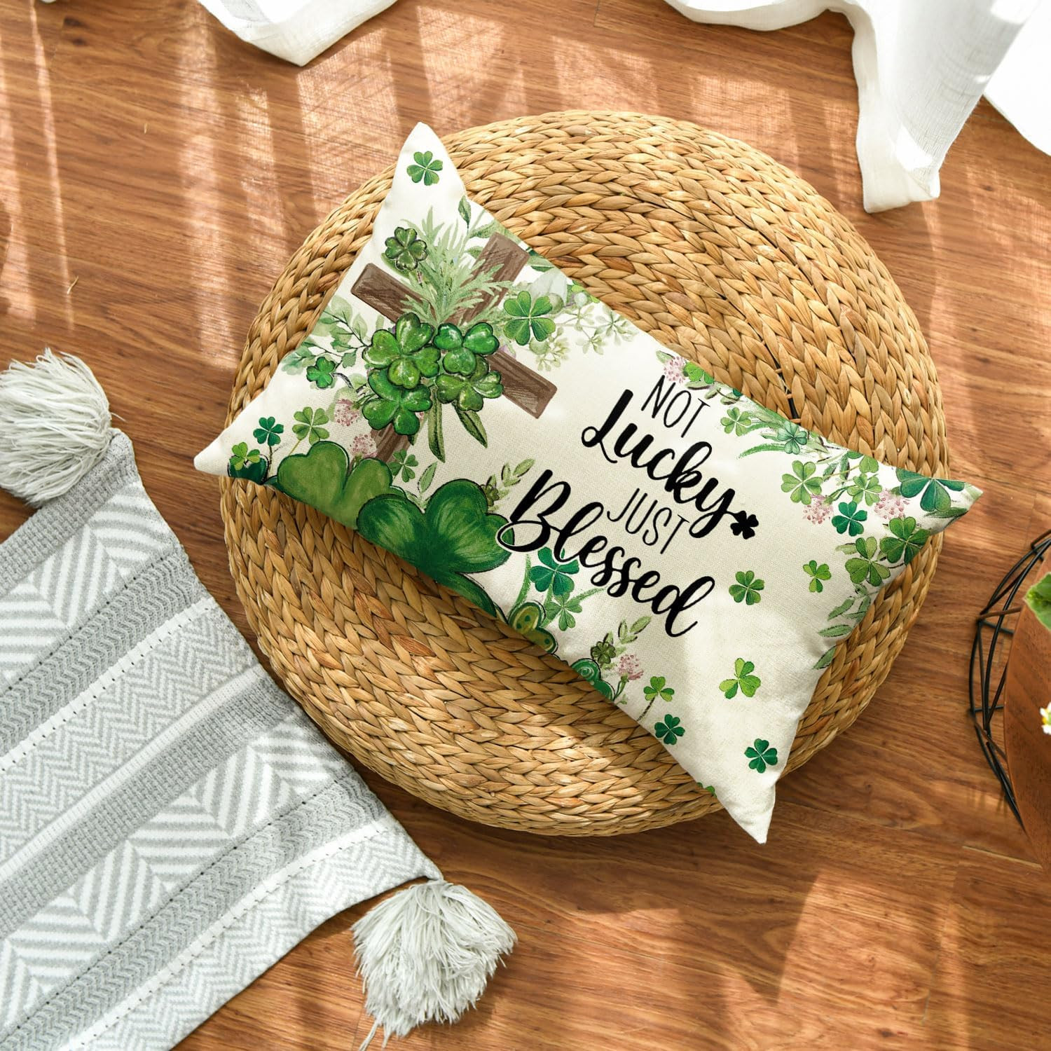 St Patricks Day Not Lucky Just Blessed Throw Pillow Cover, 12 X 20 Inch Shamroc