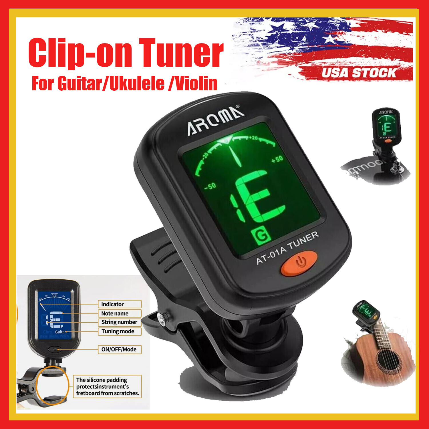 1xLCD Clip On Chromatic Acoustic Electric Guitar Bass Ukulele Banjo Violin Tuner