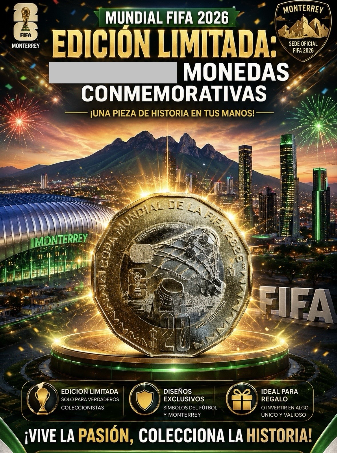 2026 FIFA WORD CUP MEXICO 20 PESOS  BI-METAL  MONTERREY  . Lot (3)