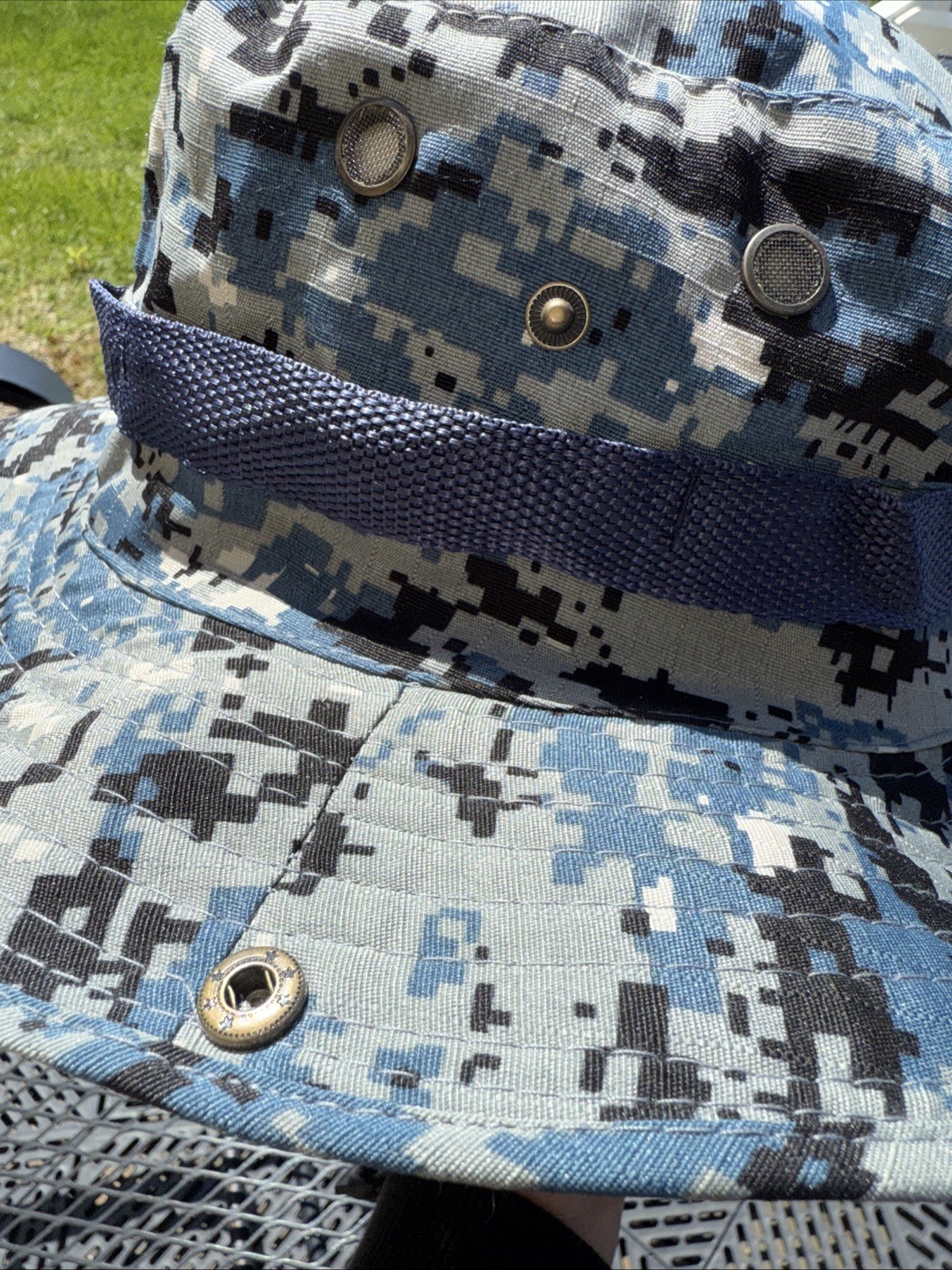 Jungle Hat Cap Blues Camouflage Cotton XL Wide Brim Fold up snap sides Strap EUC