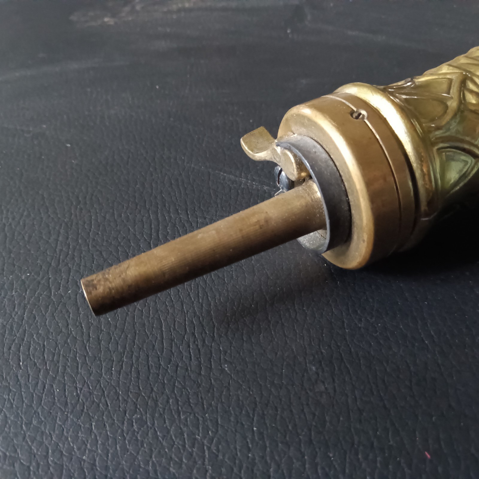 Vintage Black Powder Flask Brass Embossed