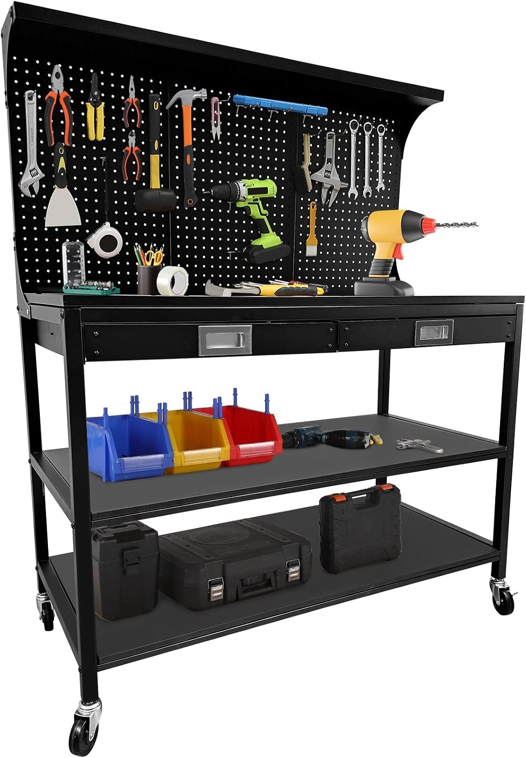 48"x 22" Workbench with 2 Drawers 3-Tier Heavy Duty Workstation with Pegboard