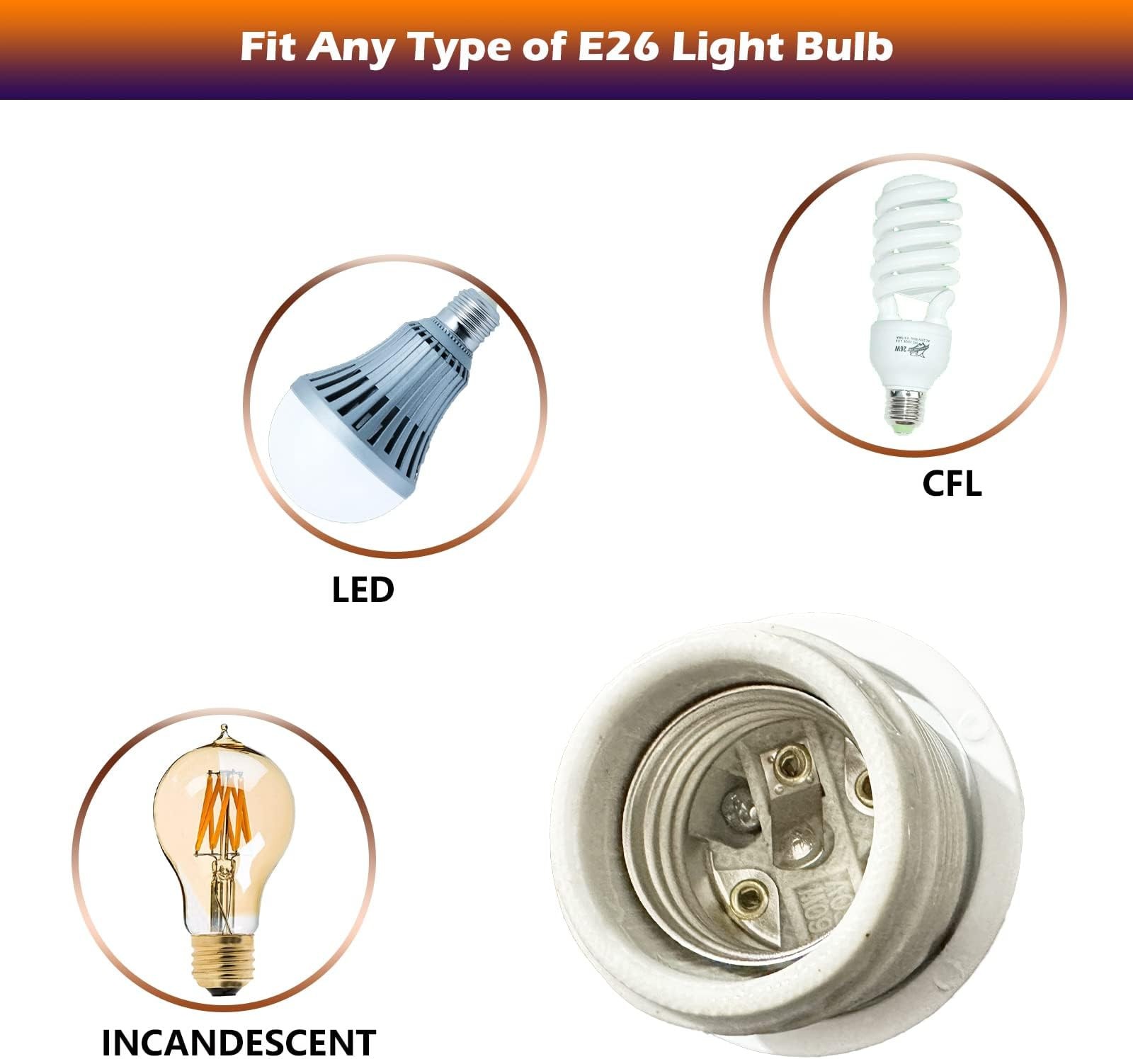 E26 Ceramic Threaded Light Socket with White Aluminum Shade Ring, UL Listed M...