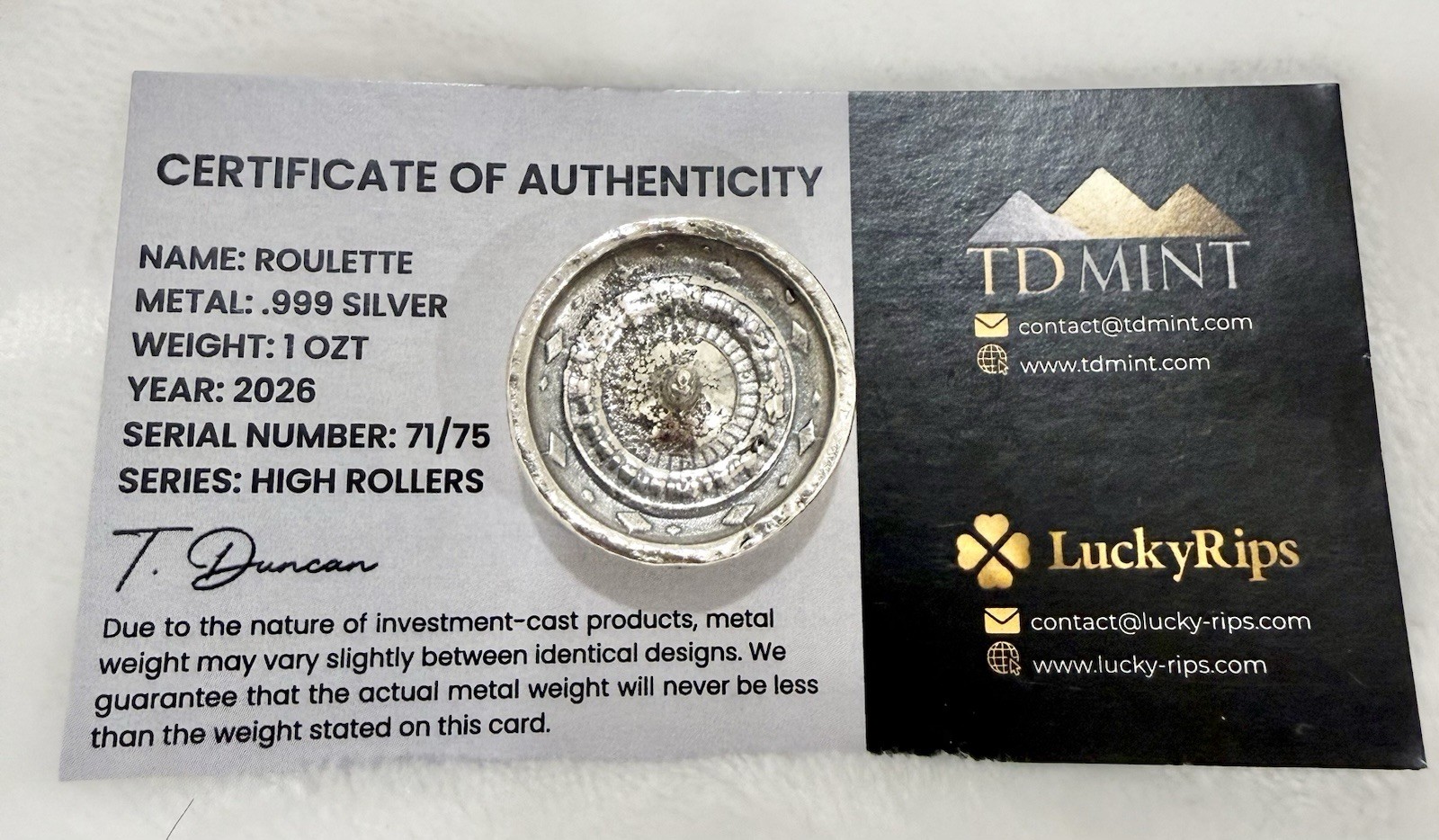 2026 TD Mint LuckyRips High Roller 1 oz .999 Cast Silver Roulette Wheel #71/75