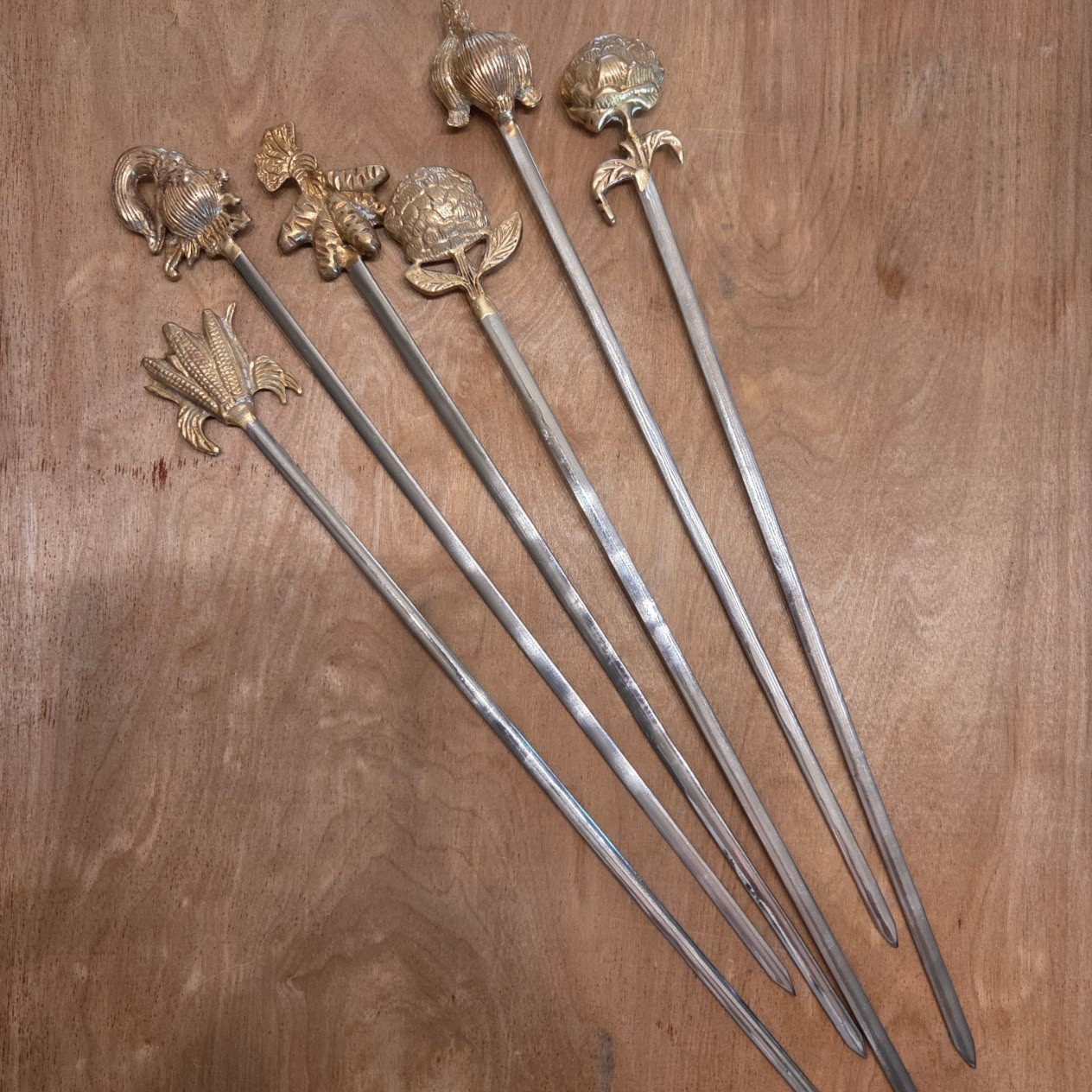 Brass Vegetable Top Kabob Set of 6 Skewers Lightly Polished MCM 15-16" Vintage