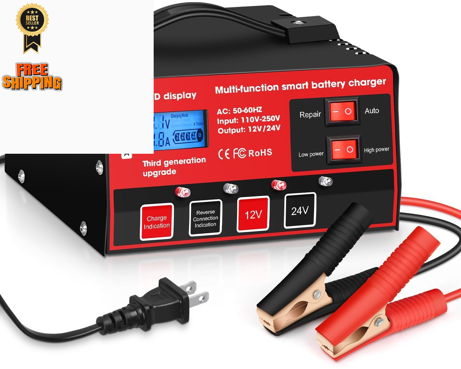 Car Battery Charger, Outerman 12V 24V Lead-Acid Charger LCD Red Black
