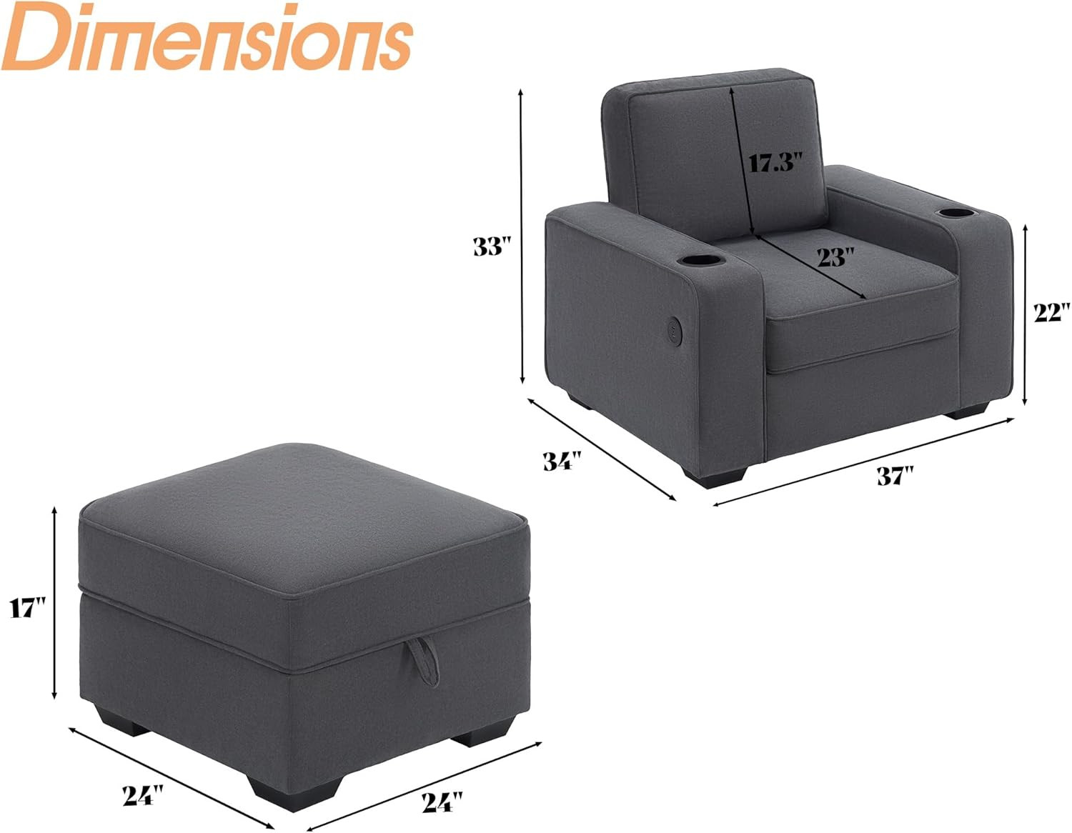 Modern Charcoal Grey Sofa Chair with Storage Ottoman, Cup Holders & USB Ports