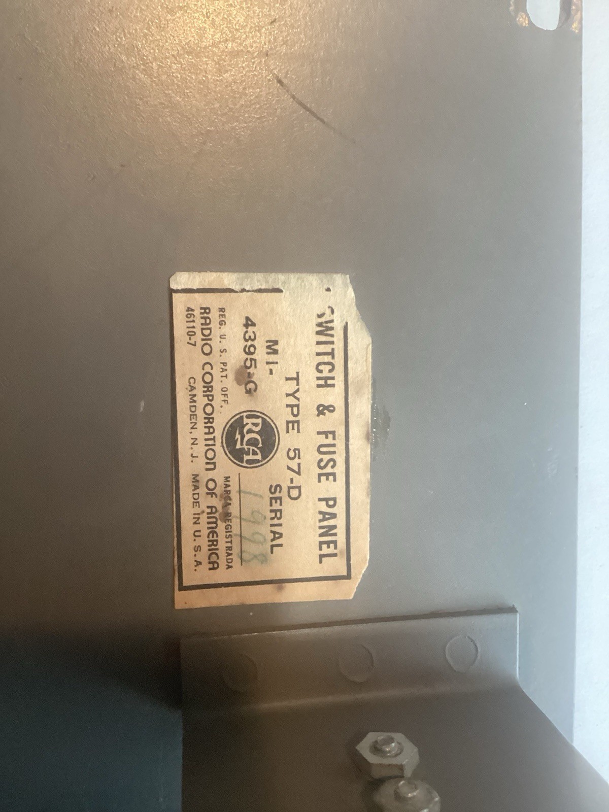 Switch And Fuse Panel. Mi- 4395-G, Type 57-D