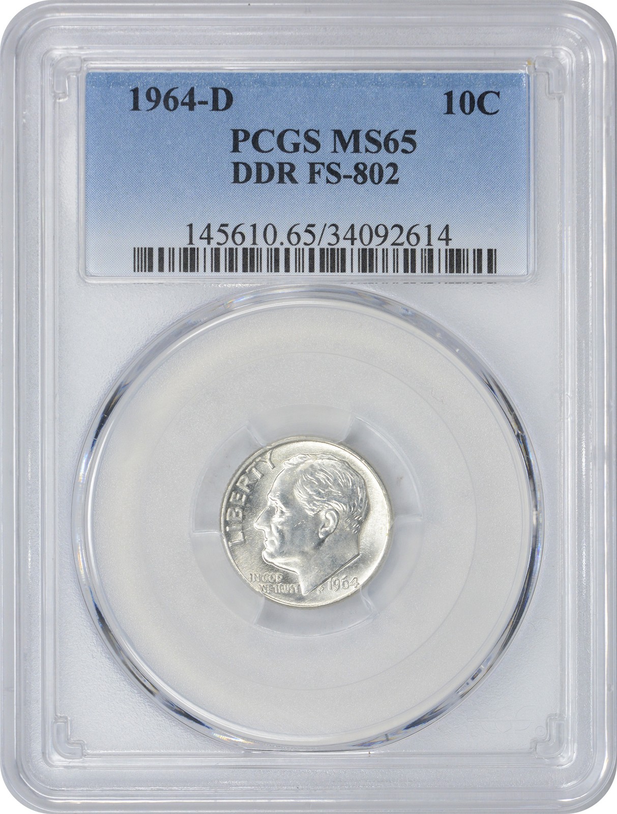 1964-D Roosevelt Silver Dime DDR FS-802 MS65 PCGS