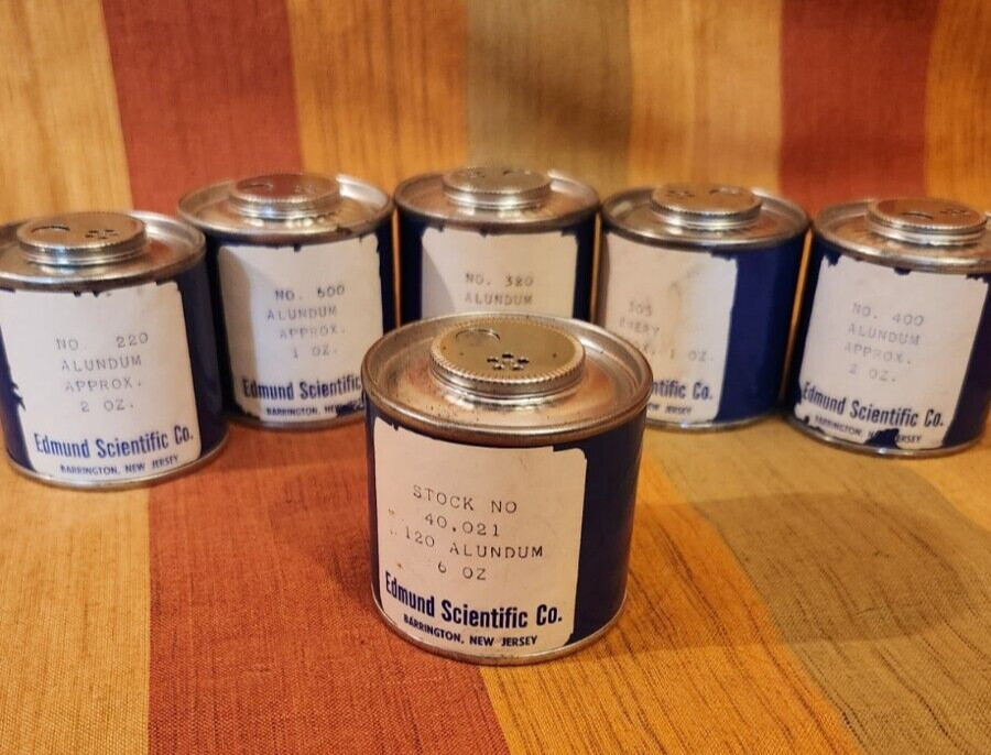 Edmund Scientific Co. ALUDUM and Emery blue containers lens polishing lot of 6