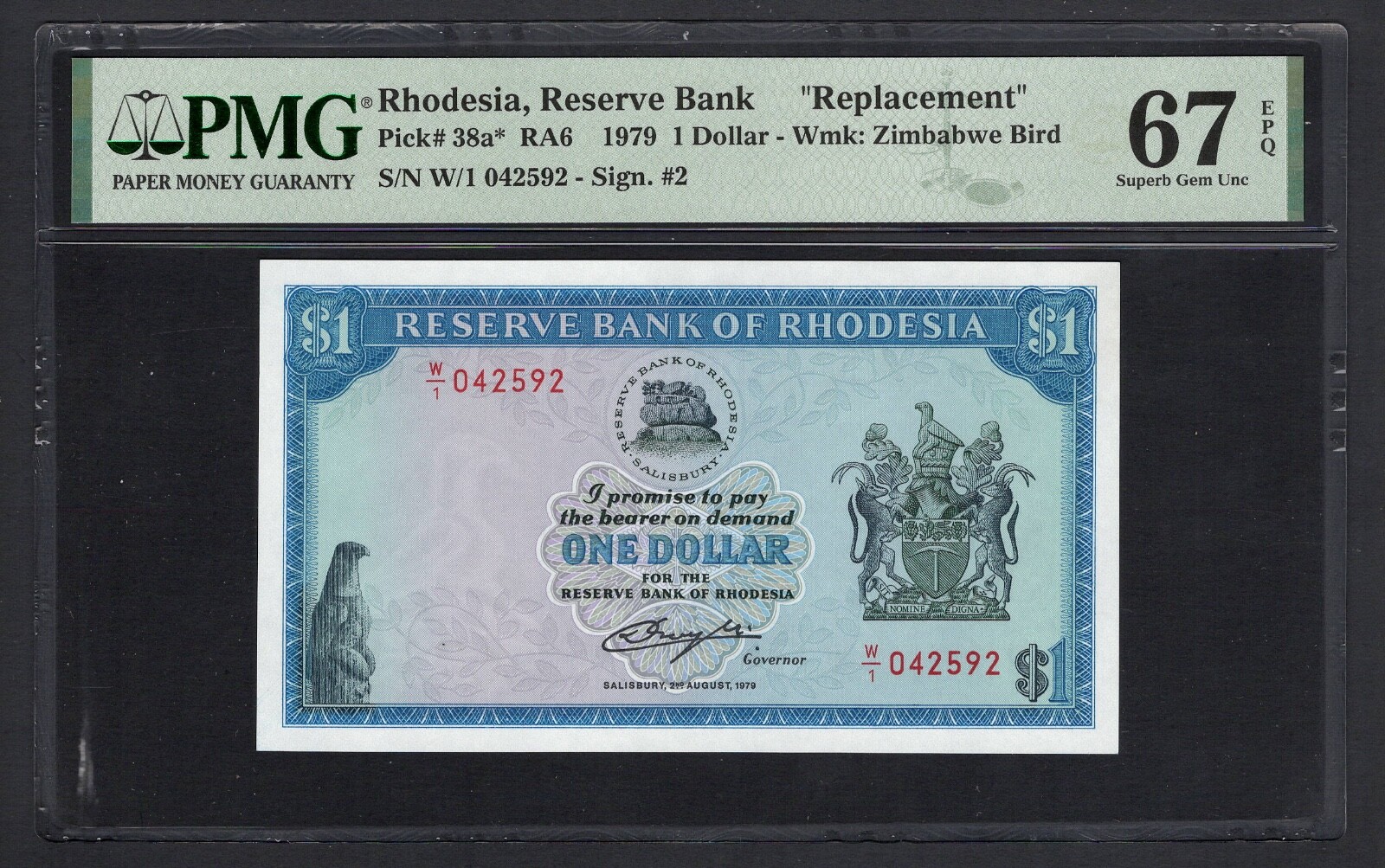 Rhodesia One Dollar 02-08-1979 P38a* Replacement Uncirculated Grade 67