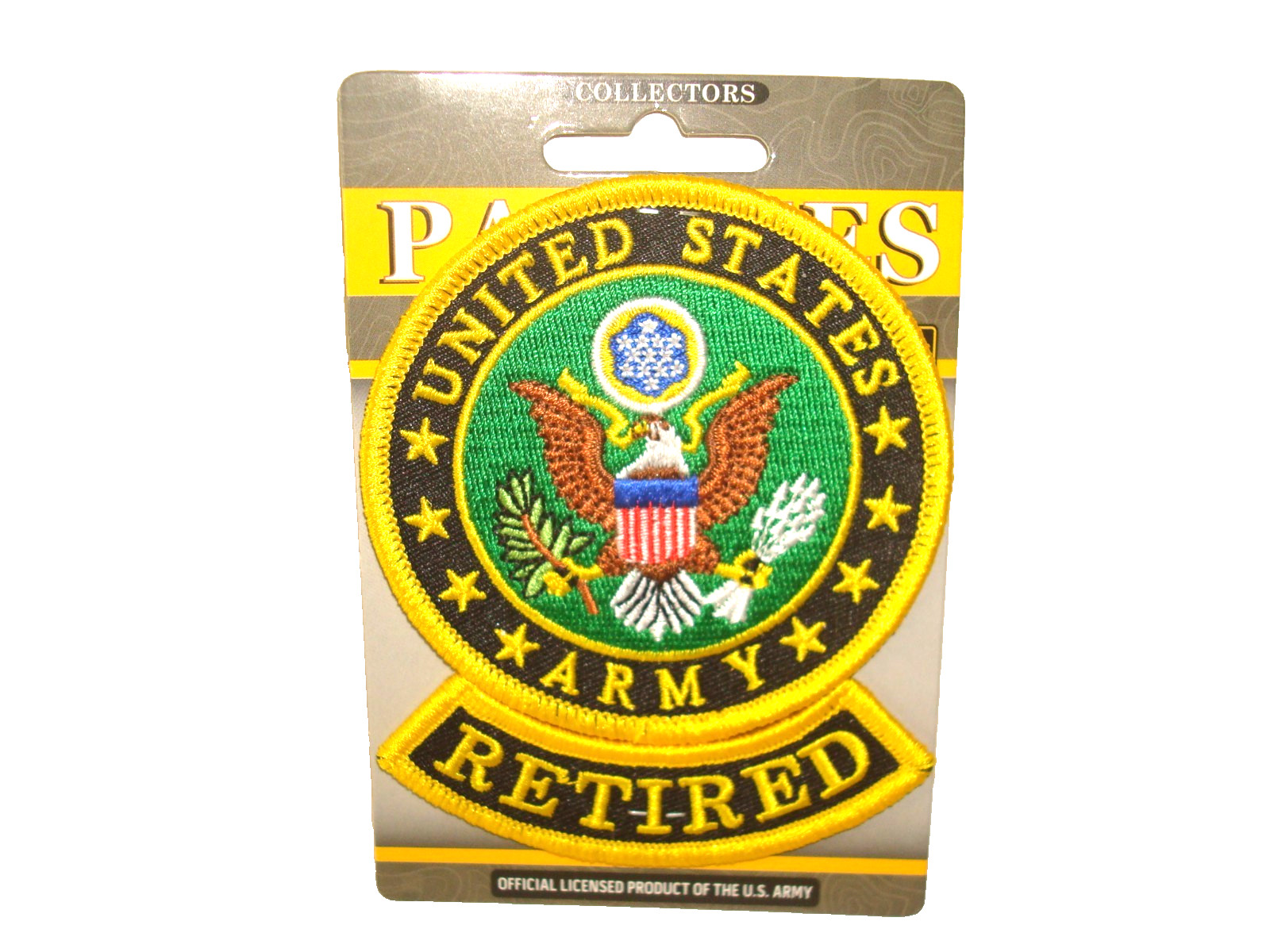 ARMY RETIRED iron on  patch 3 x 3 &1/2 INCH 2 PIECE