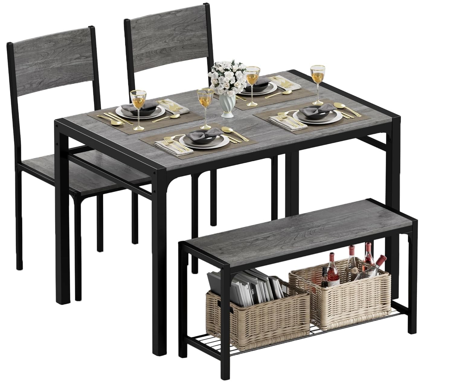 JUMMICO 43.3" Dining Table Set for 4, Kitchen Set, Grey seat