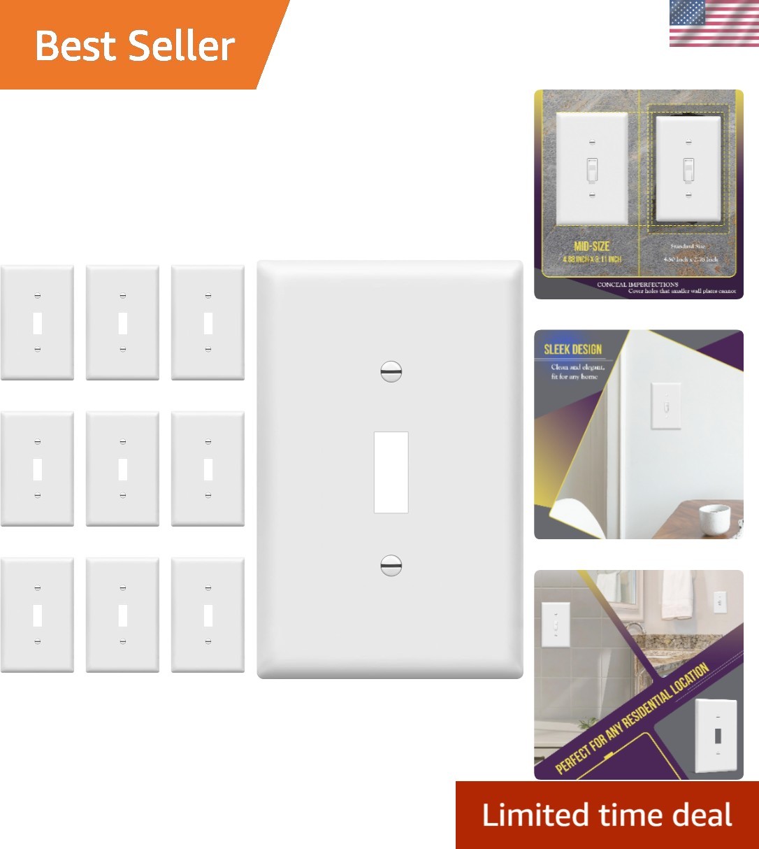 Mid-Size Toggle Light Switch Wall Plate Covers, Gloss Finish, Single Gang 4.8...