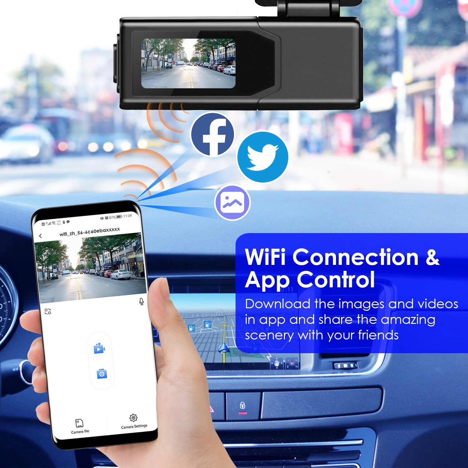 2K Dual Dash Camera for Cars, Free 32G SD Card and 140° Wide Angle WiFi App
