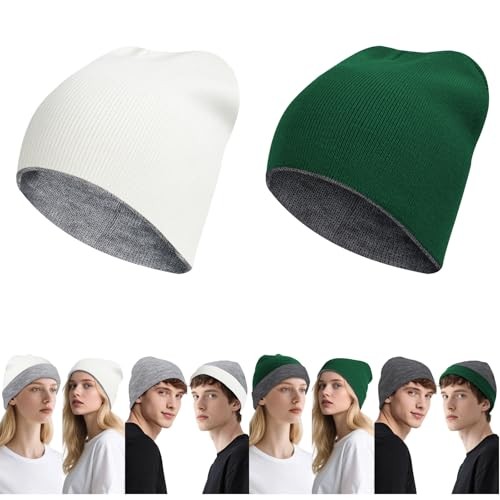 Reversible Skull Caps for Men Women 2 A-2pack-lightgrey/White+grey/Darkgreen