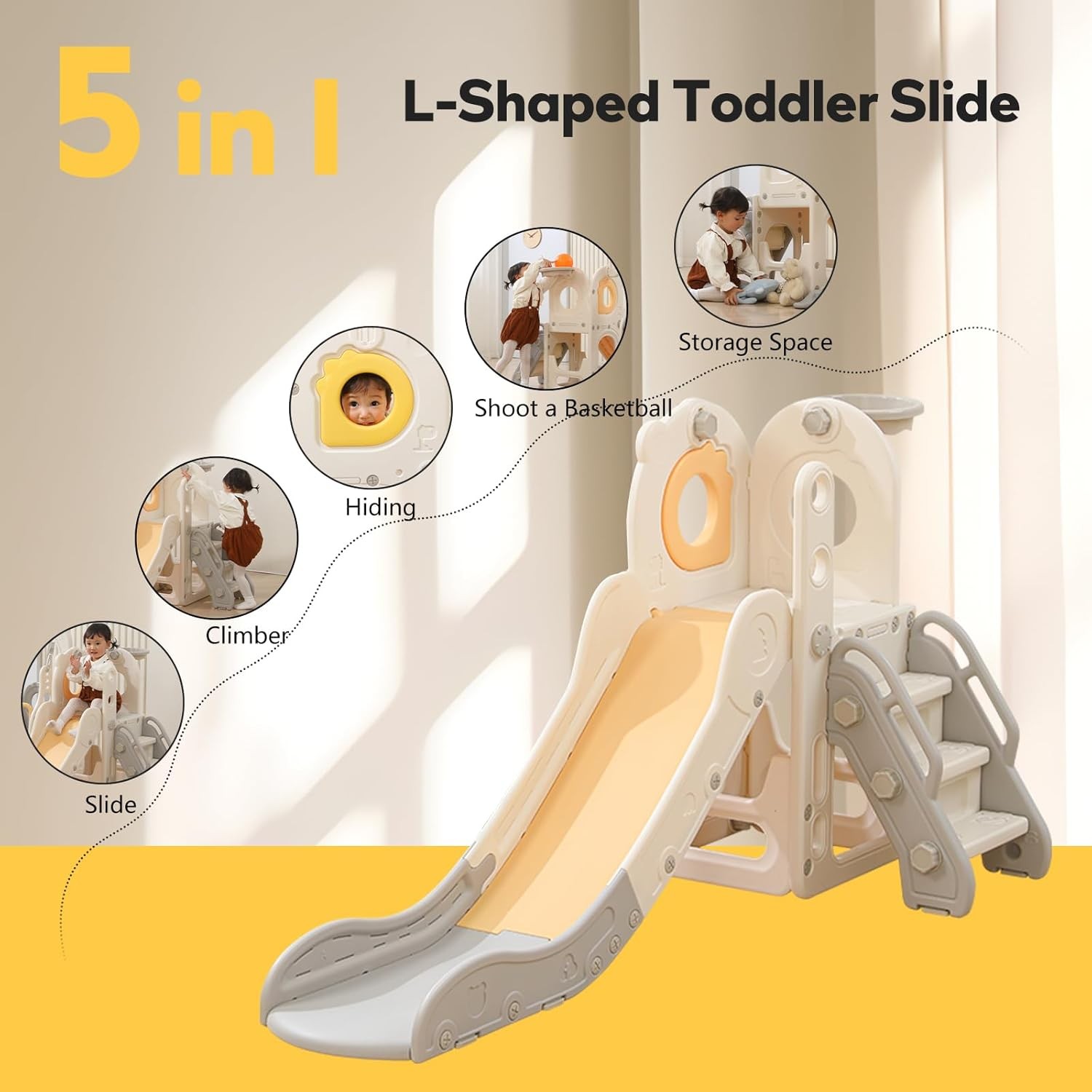 Freestanding Toddler Slide 5 in 1 Kid Playset for Age 1-3 L Shaped with Hoop
