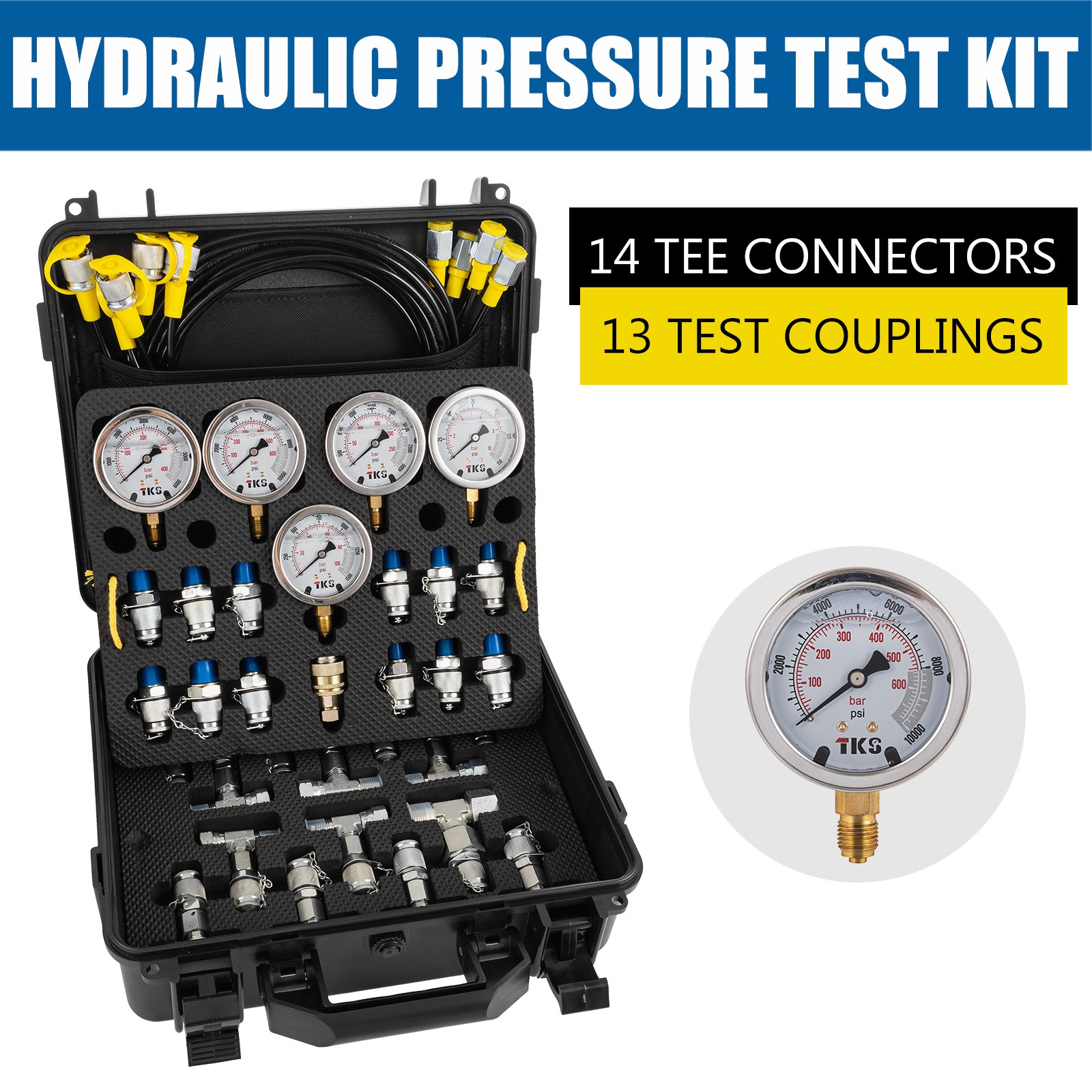 Hydraulic Pressure Test Kit 10000psi 5 Hoses 5 Gauges 13 Couplings 14 Connectors