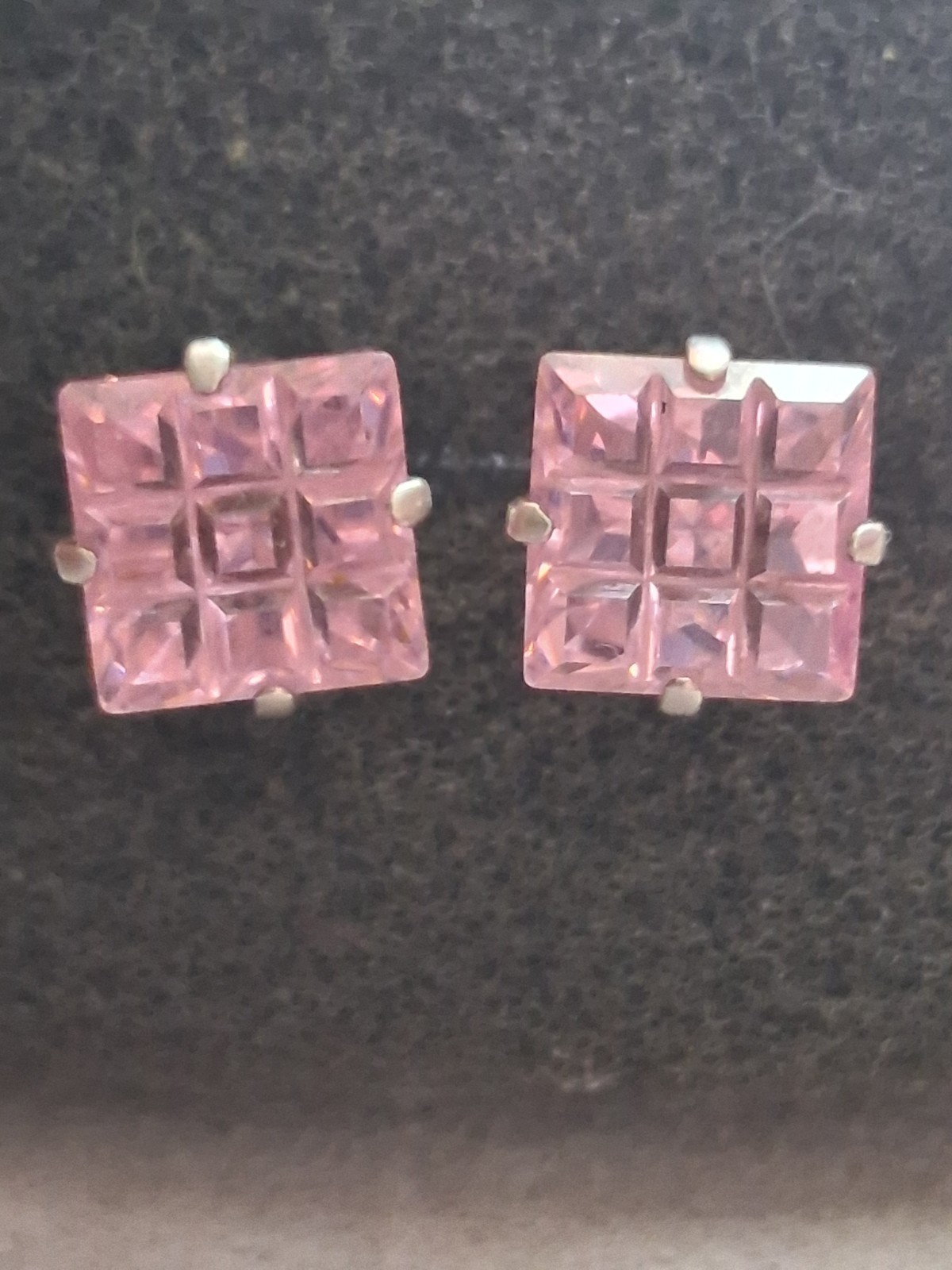Sterling silver invisible cut pink stone grid pattern stud earrings, prong set