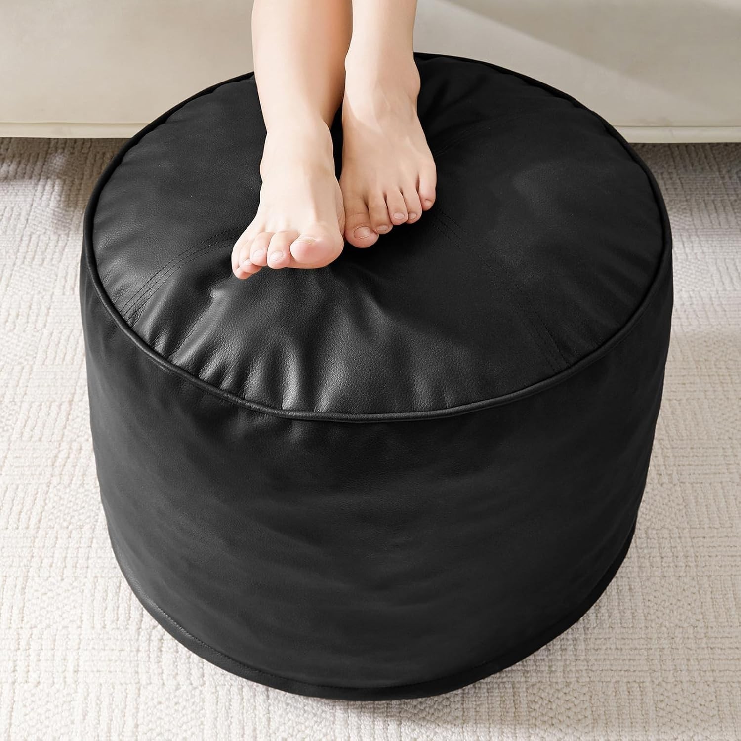 Round Stuffed Pouf Ottoman Pu Leather Poufs W/ Foam Chunk Filling Furry & Fluffy