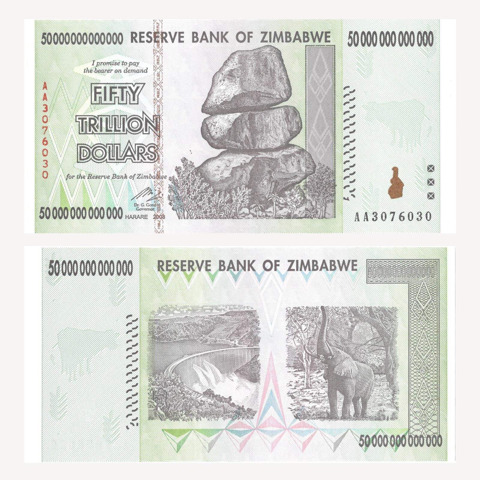 Zimbabwe 50 Trillion Dollars note 2008 old Zimbabwean banknote (Rhodesia) UNC