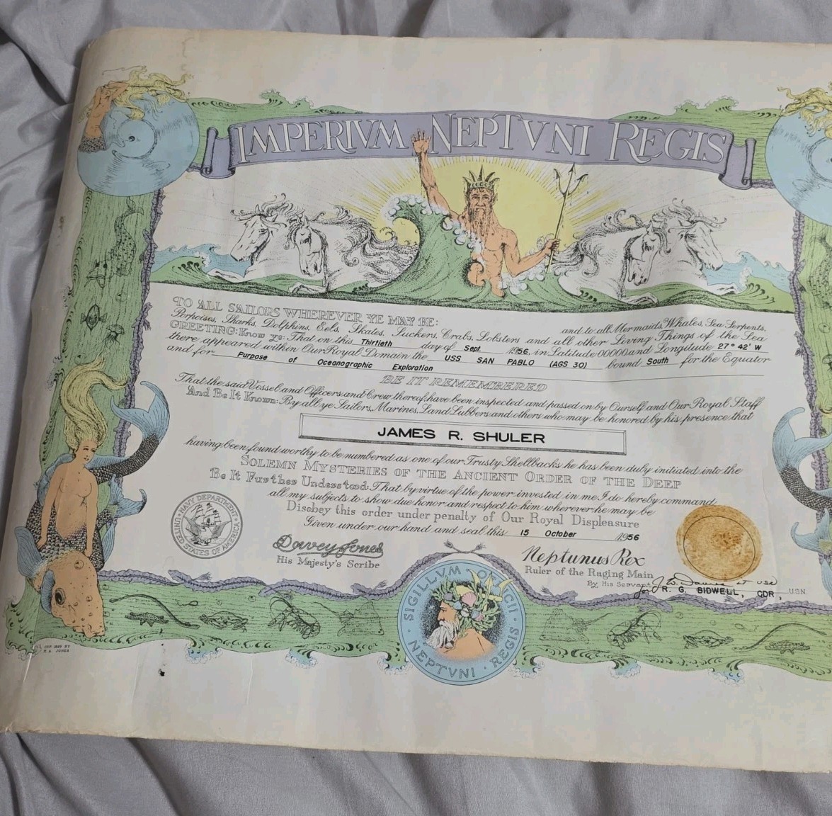U.S.N.: "Shellback": 15 x 20, Certificate (Personalized) 1943