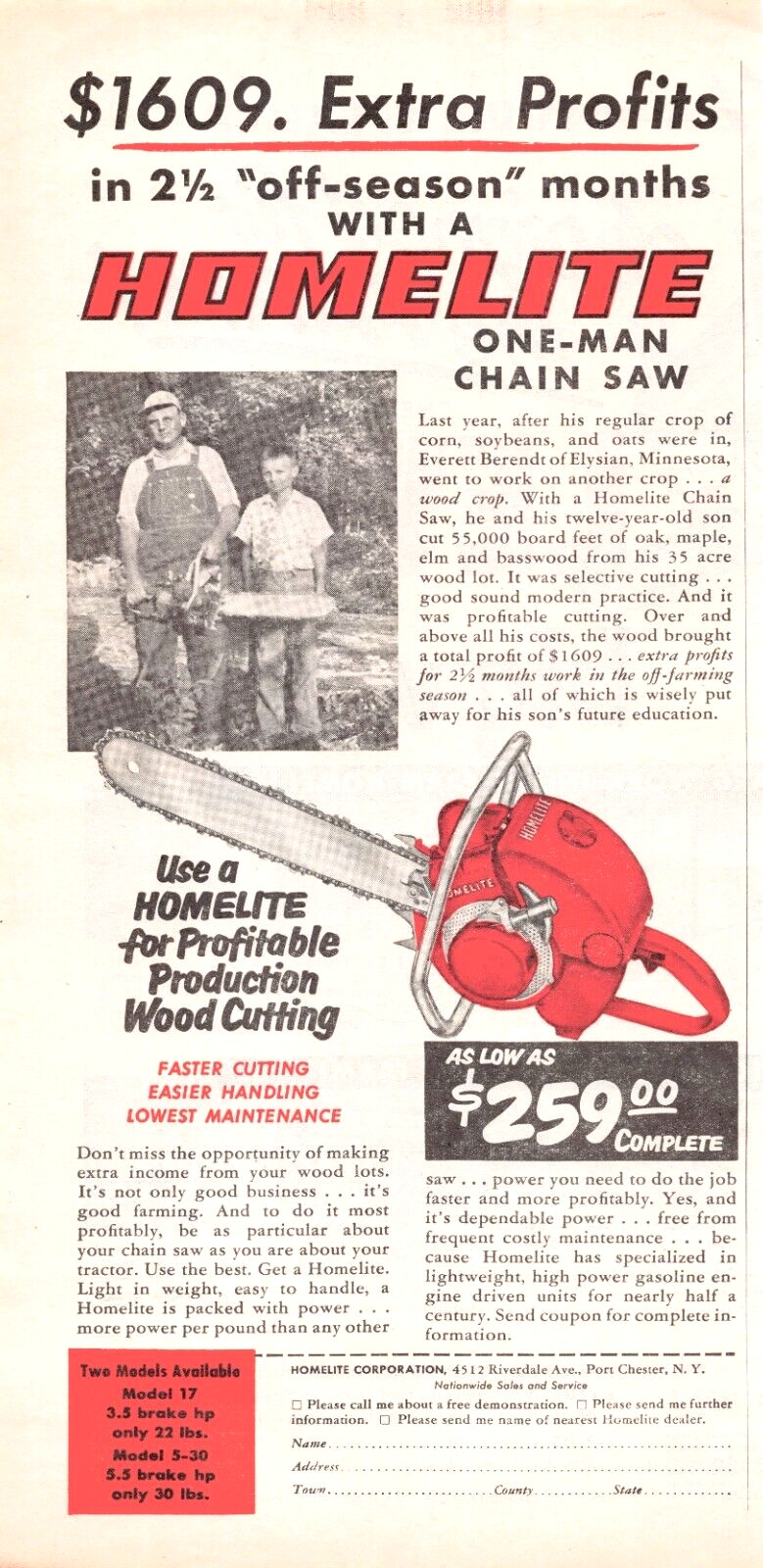 Homelite One-Man Chain Saw Faster Cut Easier Handling 1955 Vtg Mag Print Ad